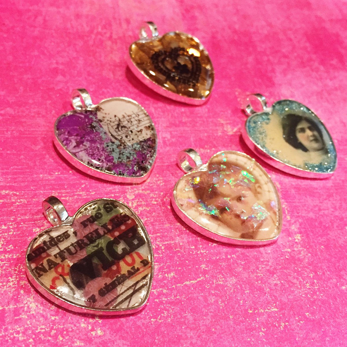 5 resin jewelry designs with heart pendants