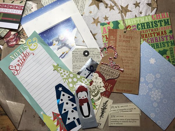 tag supplies - tissue, used Christmas cards, wrapping paper