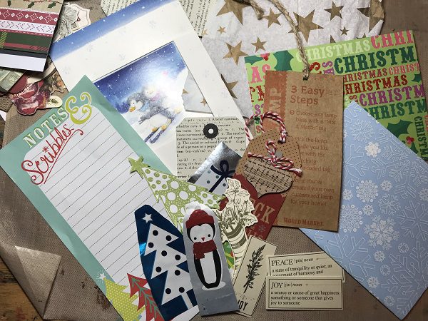 tag supplies - tissue, used Christmas cards, wrapping paper