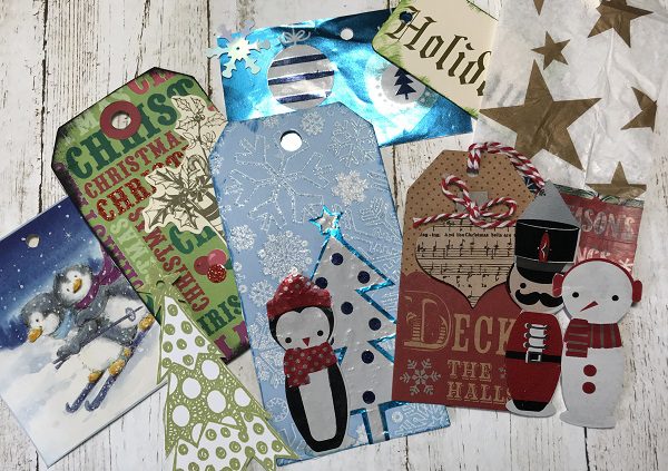 hole punched tags ready for resin - make tags with stamps, markers, gift wrap and Christmas cards