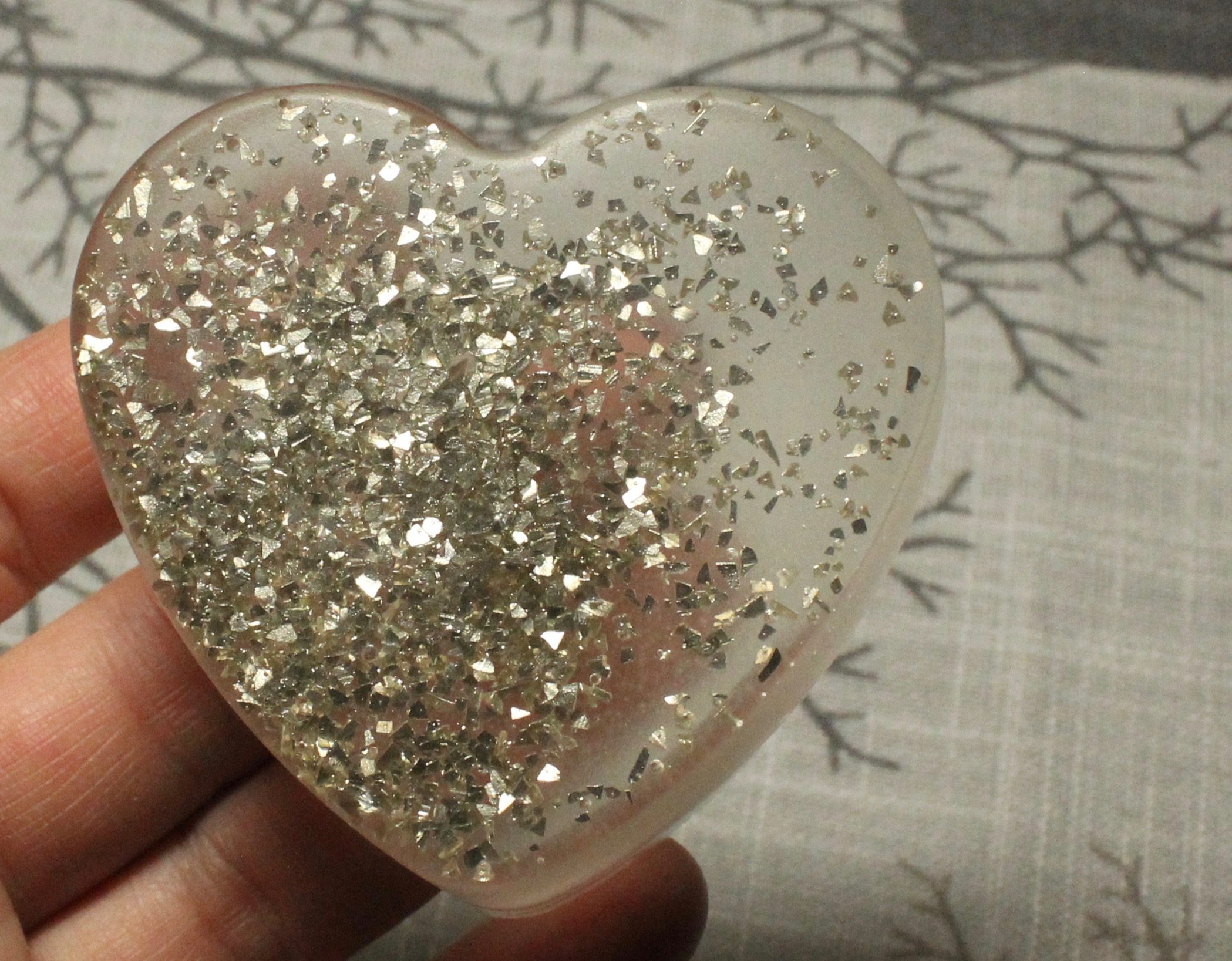 clear heart with glitter 