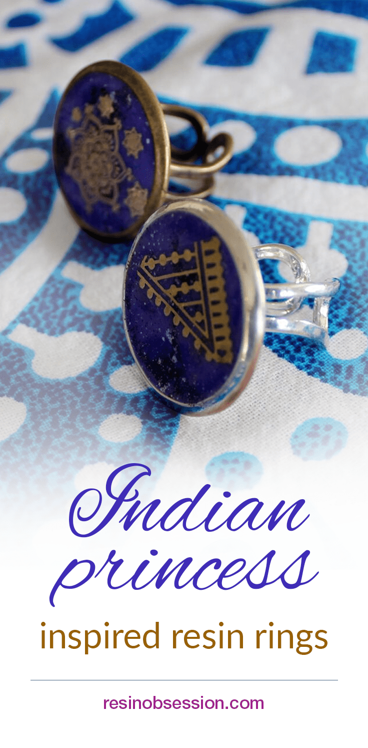  How to make Indian Princess Inspired Resin Rings -gold mandala designs on deep purple resin background 