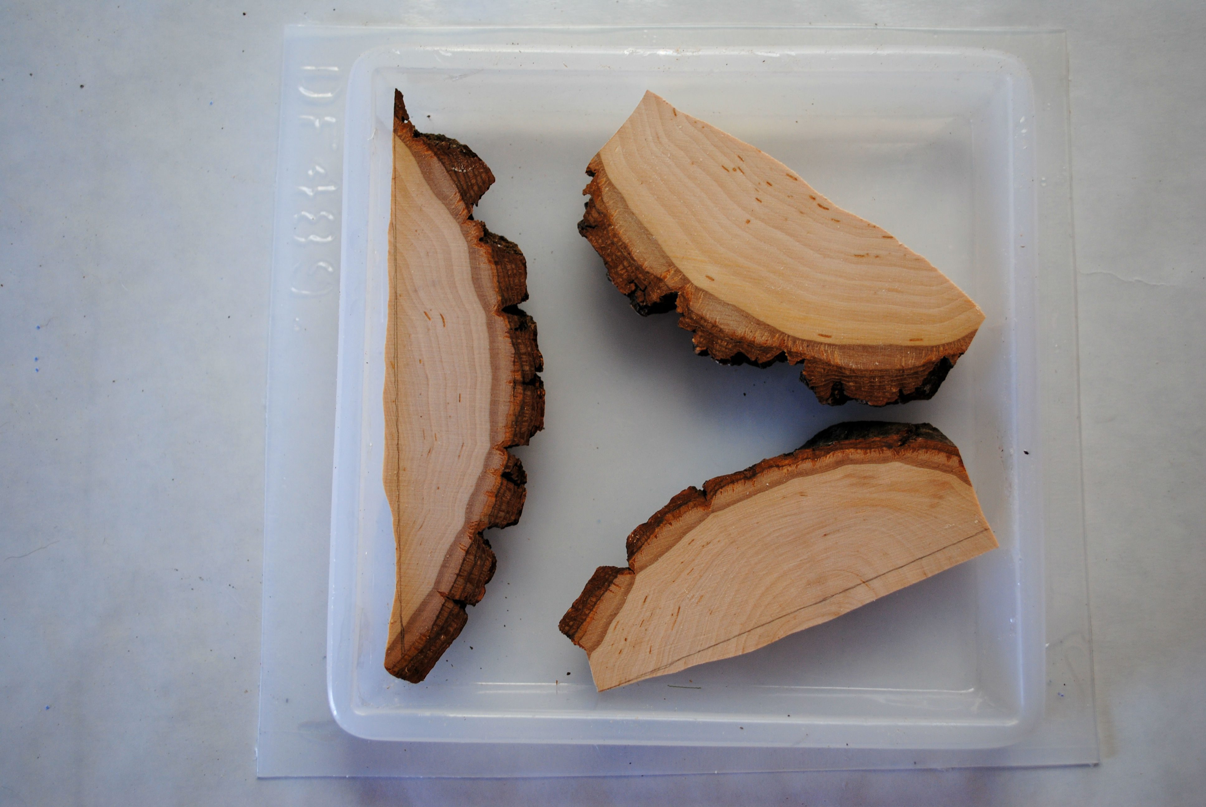 three cut pieces of wood in a square resin mold