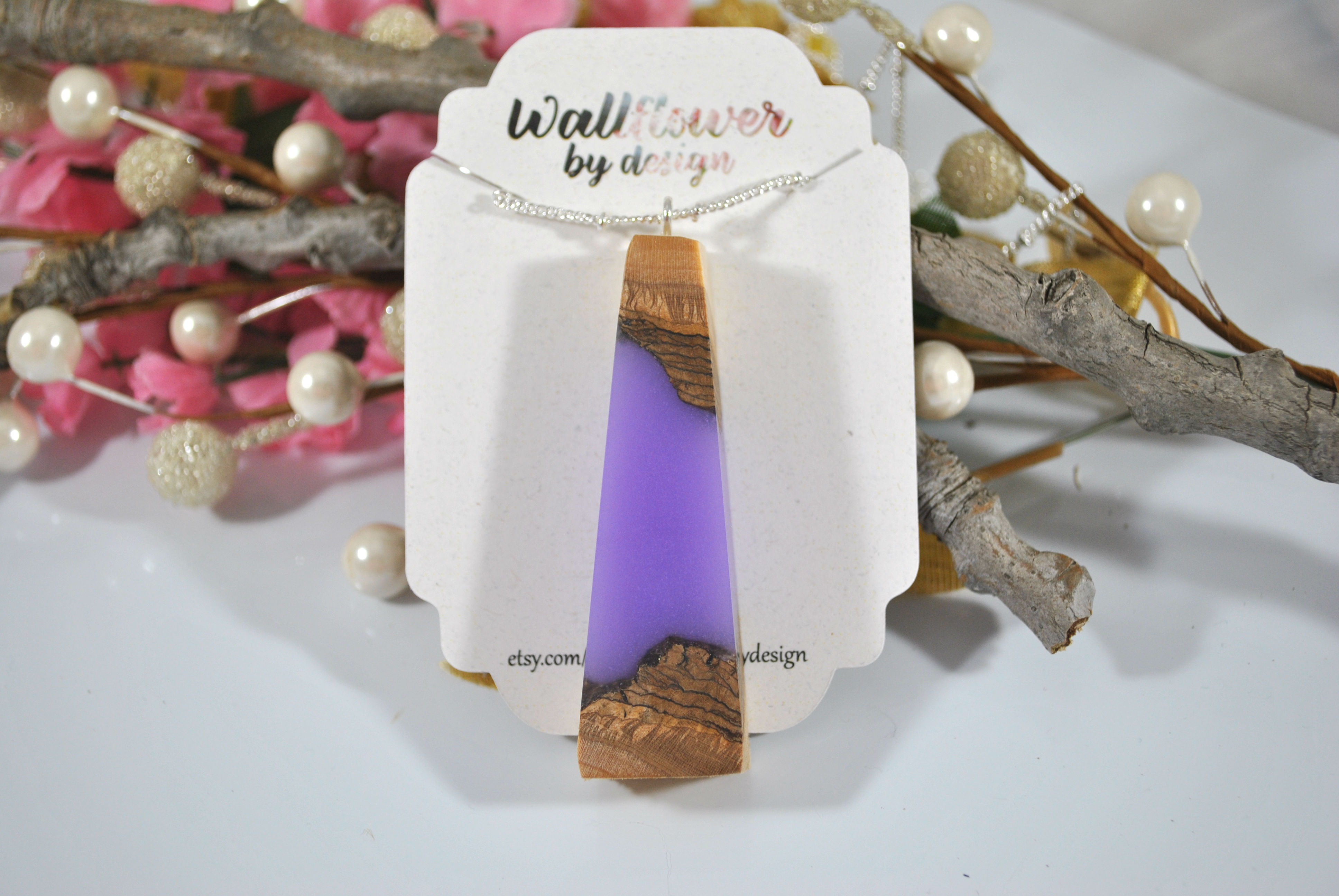 wood and lavender resin pendant on chain and in designer packaging 
