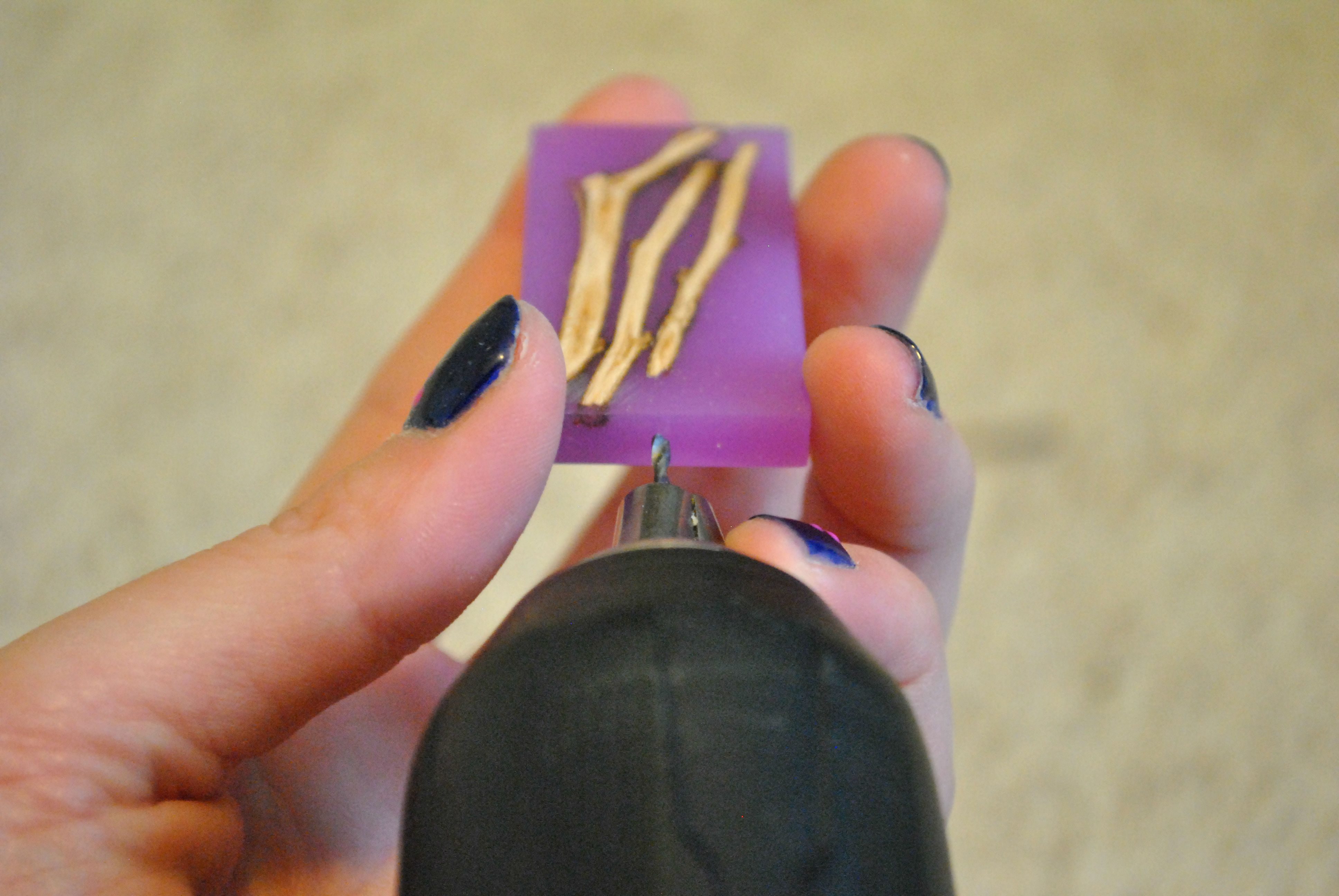 drilling hole into wood and resin pendant