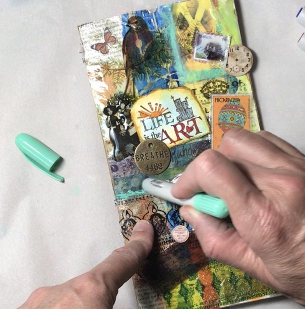 using distress crayons on resin art journal cover