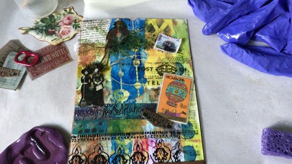tissue paper added to resin art journal