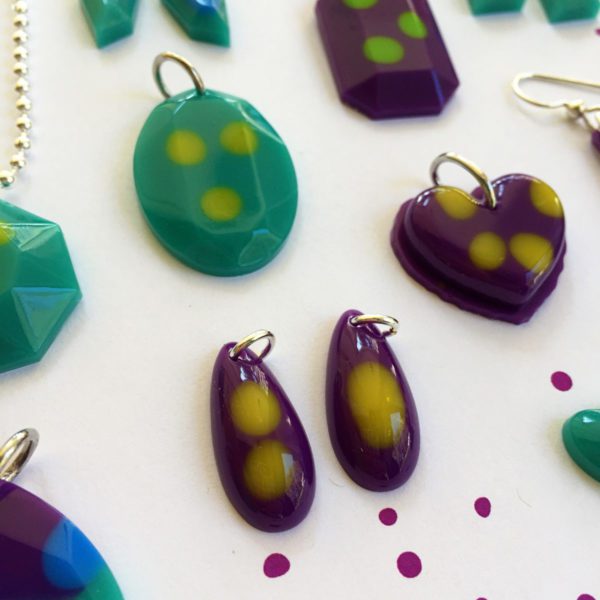 resin jewelry purple teal yellow