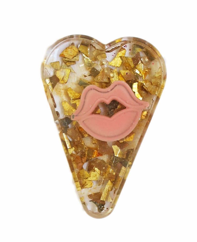 lips charm and gold glitter resin pendant