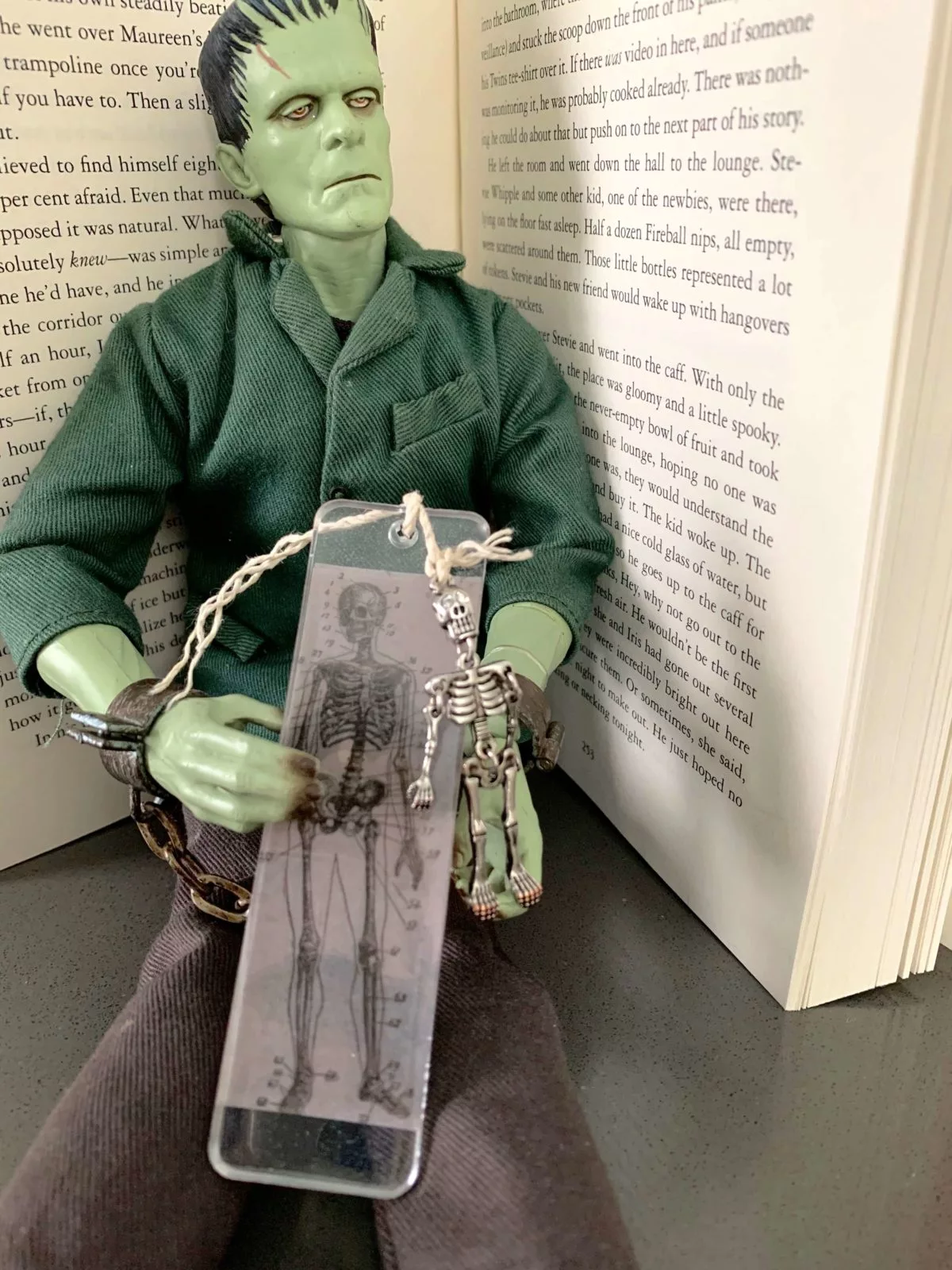 skeleton bookmark with Frankenstein
