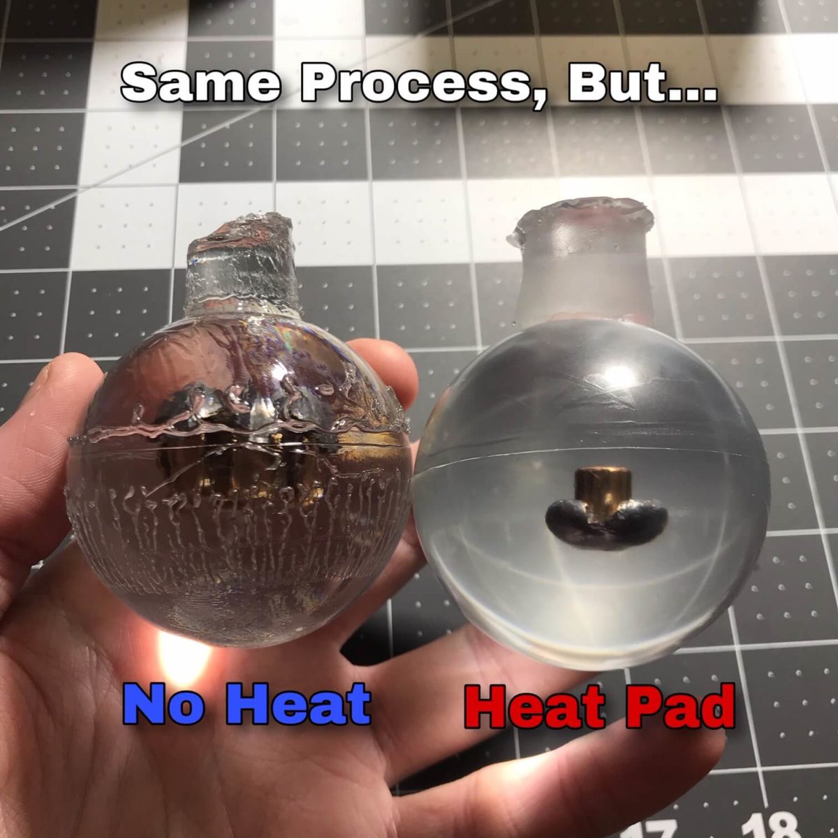 before and after using heating pad to cure epoxy resin in cold weather