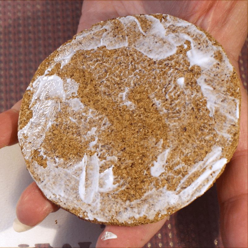 A disc of cork covered in glue