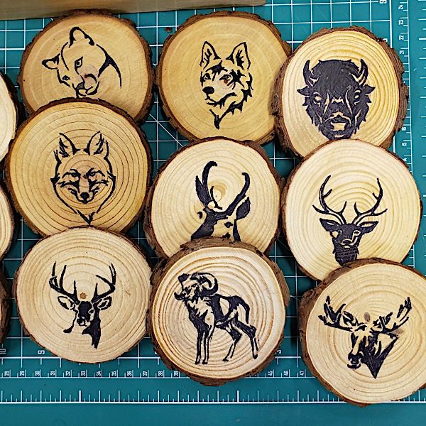 wood slices with animal pictures